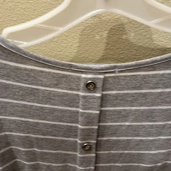 Pink Clover woman's gray and white long striped tee shirt with buttons on back - Picture 8 of 9